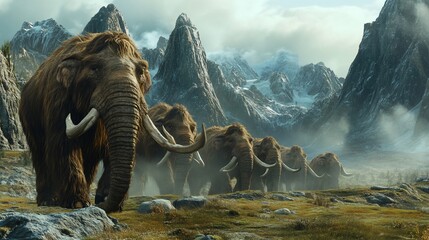A herd of mammoths traversing a mountainous landscape with mist and snow-capped peaks.