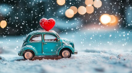 Vintage Blue Car with Red Heart in Snowy Romantic Scene