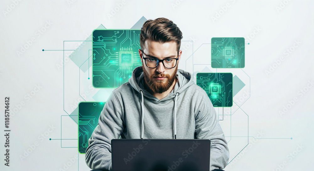 Poster programmer with laptop on minimalistic tech background . generative ai