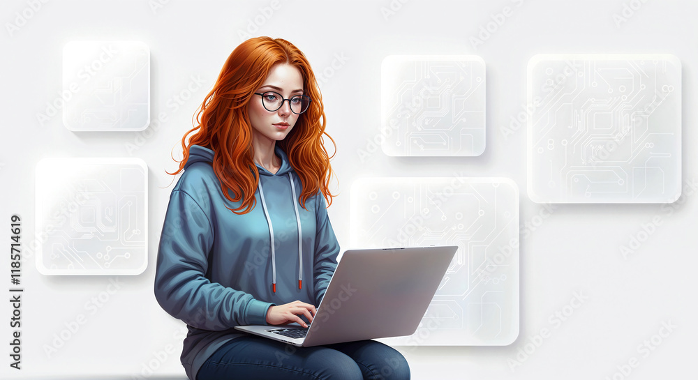 Poster programmer with laptop on minimalistic tech background . generative ai