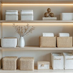 Stylish shelf with decorative storage baskets and artistic elements for a modern home interior