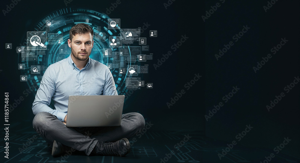 Poster programmer with laptop on minimalistic tech background . generative ai