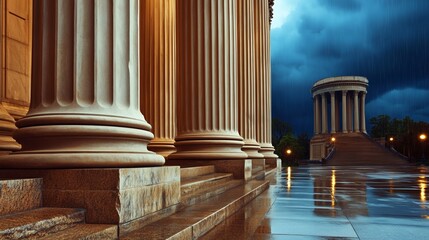Obraz premium Dramatic courthouse exterior featuring towering stone columns and grand architecture, symbolizing justice, authority, and the importance of legal proceedings in society.