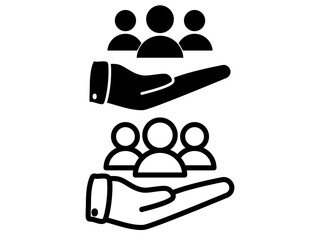 hand icon and group of people, simple flat style, pictogram logo sign symbol vector illustration, isolated on white for mobile app