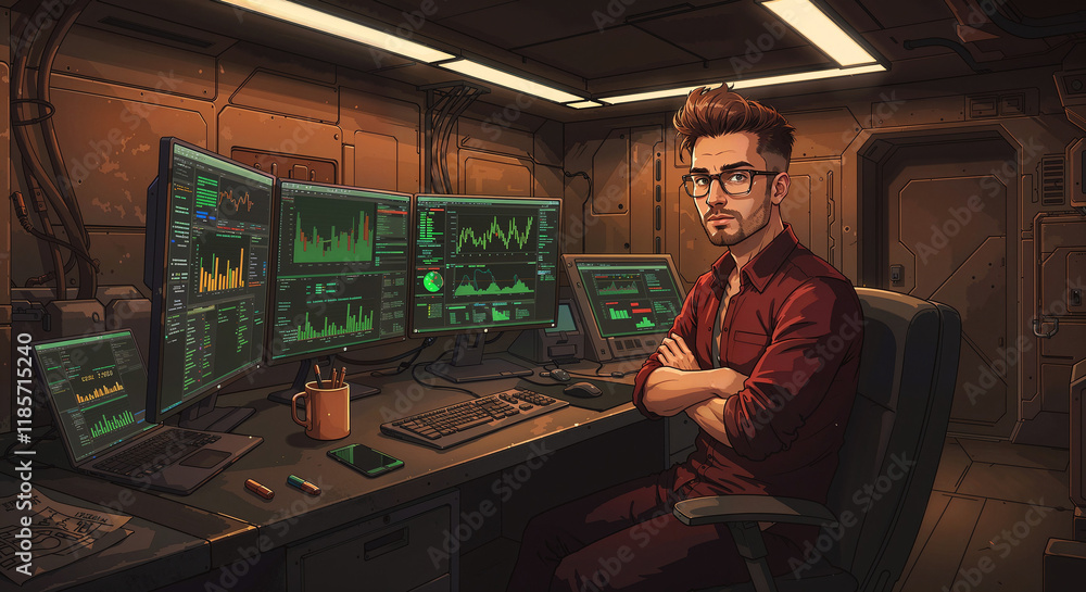 Poster programmer with laptop on tech background . generative ai