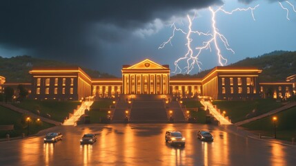 Dramatic courthouse exterior featuring towering stone columns and grand architecture, symbolizing justice, authority, and the importance of legal proceedings in society.