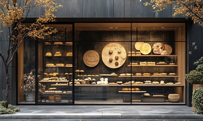 A bakery display featuring an array of freshly baked goods in an inviting storefront.