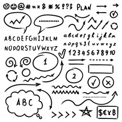 Arrow circles and abstract doodle icon in hand drawn style. Number vector illustration on isolated background. Letters, arrows sign business concept.