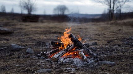 Campfire burning brightly in a field.