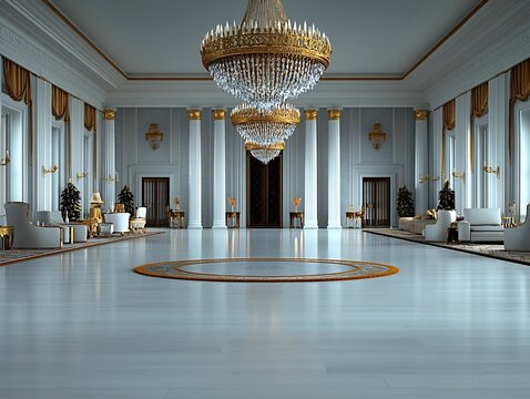 Magnificent towering golden chandeliers their elaborate metalwork and glittering crystal prisms casting a dazzling ambient light throughout a sumptuously furnished palatial room
