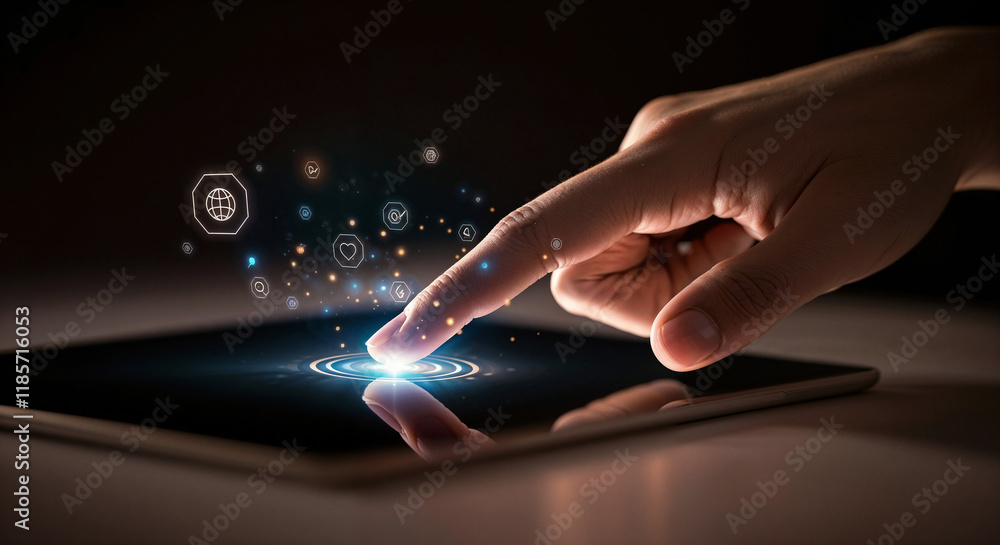 Poster man controls hand with holographic interface . generative ai