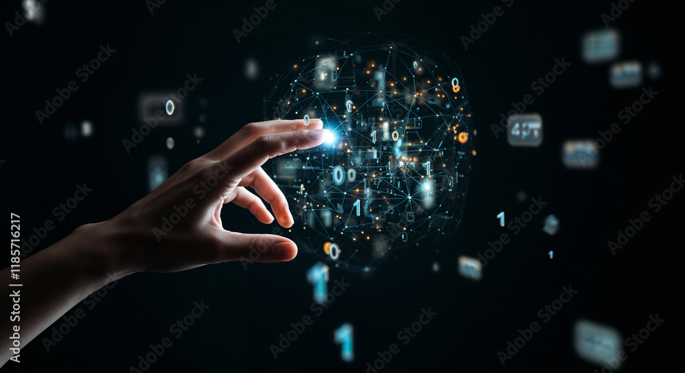 Poster man controls hand with holographic interface . generative ai