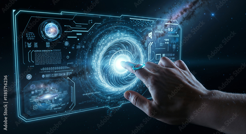 Poster man controls hand with holographic interface . generative ai