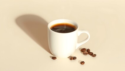 Fototapeta premium Steaming coffee in white mug with beans.
