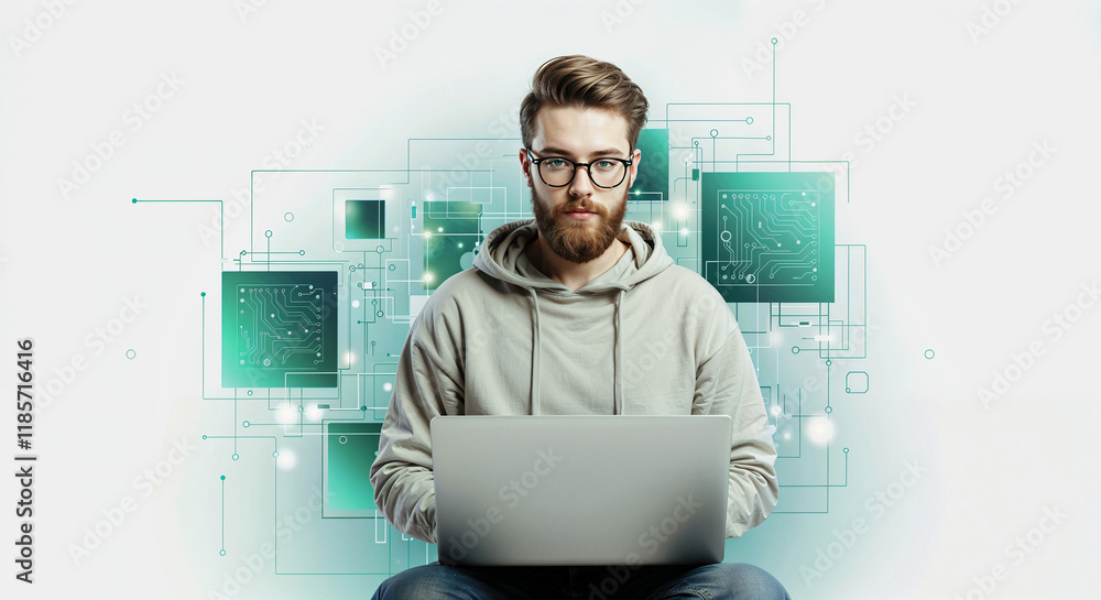 Poster programmer with laptop on minimalistic tech background. generative ai