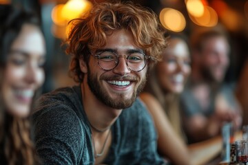 Obraz premium A group of friends sitting around a table, intensely focused and laughing while playing a card game. Generative AI