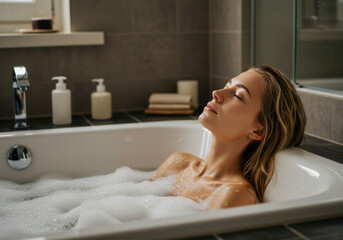 Obraz premium Young Woman Relaxing in Bubble Bath at Home, Eyes Gently Closed
