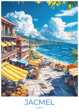 Jacmel Haiti Travel Poster Flat Illustration Print Decor Gift Canvas Wall Art Gift
