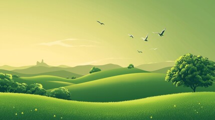 Breathtaking Green Landscape with Hills, Birds, and a Serene Sky at Dusk
