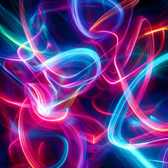 Luminescent Ion Dance: Neon Colors in Harmonious, Abstract Swirls of Electric Paths