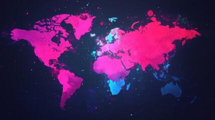 Fototapeta premium visualize global world communication concept. Vibrant world map with colorful abstract design on dark background.