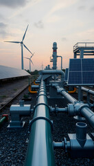 Green Hydrogen renewable energy production pipeline - green hydrogen gas for clean electricity solar and windturbine facility, detailed, with white tones