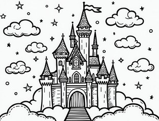 Obraz premium Coloring page of a magical castle surrounded by clouds and stars. you can print it 