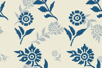 Seamless floral Ikat and damask pattern with blue and beige flowers on cream background. Vintage textile fabric design perfect for wallpaper, upholstery, and interior decor. © opart