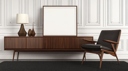 Mid-century modern room interior with empty frame, sideboard, chair, and lamp.
