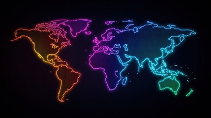 Naklejka premium visualize global world communication concept. Vibrant neon world map with digital elements on a dark background.
