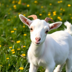 Obraz premium White baby goat standing on green grass with yellow flowers