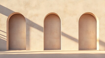 Three arched niches in a beige wall, sunlight casts shadows.