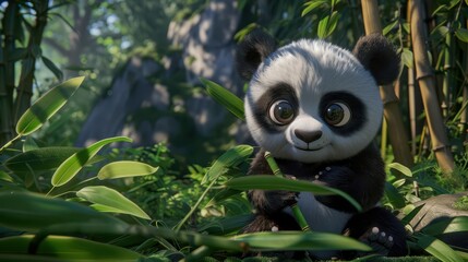Fototapeta premium A cute panda cub sitting among bamboo in a lush green forest.