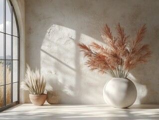 A serene interior scene featuring decorative dried plants in elegant vases, enhancing a tranquil atmosphere.
