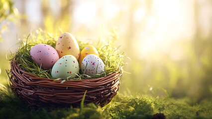 Obraz premium A basket full of painted Easter eggs sits on grass. This image represents spring, celebration, or the Easter holiday.
