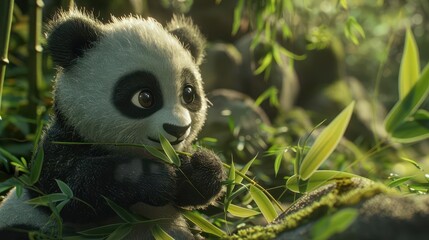 Obraz premium A cute panda munching on bamboo in a lush, green environment.