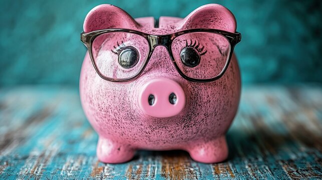 A cute pink piggy bank wearing glasses, symbolizing savings and financial literacy.