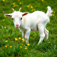 Obraz premium White baby goat standing on green grass with yellow flowers