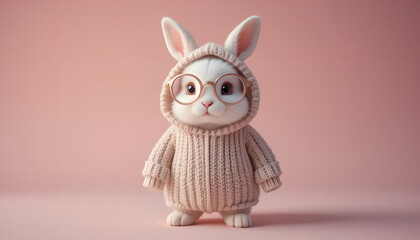 Naklejka premium Adorable Bunny in Knit Outfit and Glasses on Pink Background