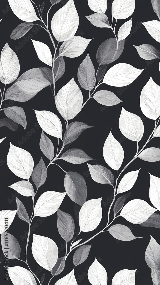 Wall mural the image features a black and white botanical pattern with branches and leaves