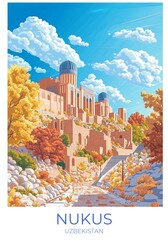 Nukus Uzbekistan Travel Poster Flat Illustration Print Decor Gift Canvas Wall Art Gift