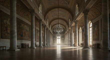 Grand Hall Interior Marble Columns Tapestries Sunlight
