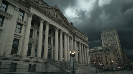 Fototapeta premium Dramatic courthouse exterior featuring towering stone columns and grand architecture, symbolizing justice, authority, and the importance of legal proceedings in society.