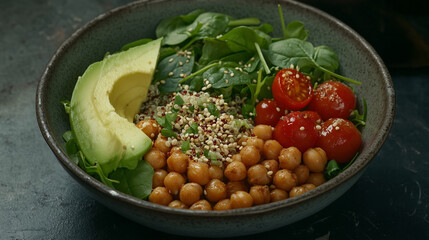 Healthy Buddha Bowl with Chickpeas, Quinoa, and Avocado