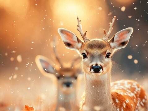 Graceful Deer and Majestic Fago Amidst a Serene Snowy Landscape Evoking Calm and Tranquility in Nature's Winter Wonderland