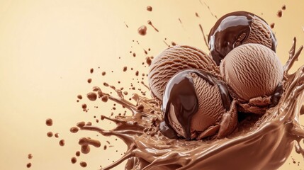 Three scoops of chocolate ice cream with chocolate sauce splash.