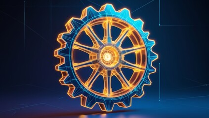 Abstract Neon Cogwheel Illustration with Luminous Orange and Blue Outlines on Dark Background