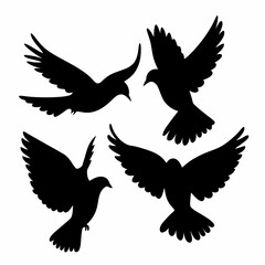 Fototapeta premium Four birds flying in the sky. They are all black. The birds are in different positions. One is in the middle, and the other three are on the right side