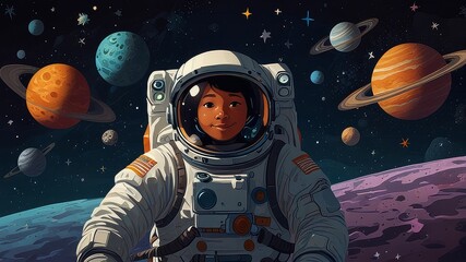 spaceship in space with cartoon astronaut