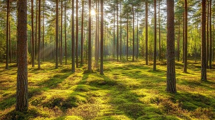Obraz premium Sunlit Pine Forest: Serene Mossy Ground, Golden Light